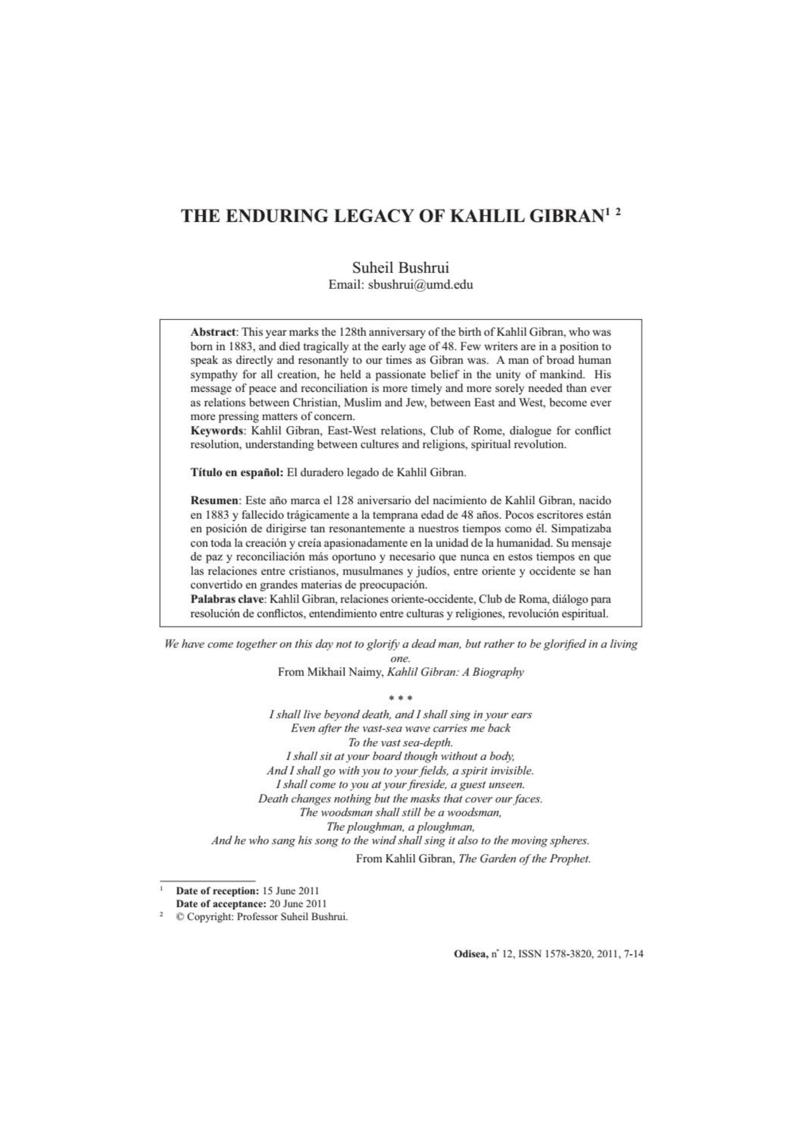 Suheil Badi Bushrui, "The Enduring Legacy of Kahlil Gibran", Odisea, 12, 2011, pp. 7-14.